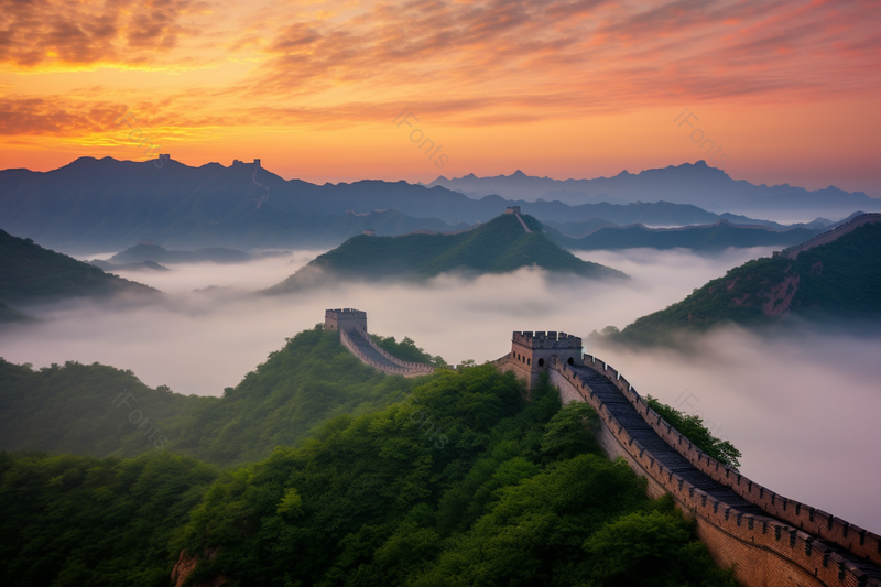 蜿蜒的长城在云海缠绕的险峰和天边的晚霞,高清,摄影图,摄影图片,图片大全,摄影图免费下载